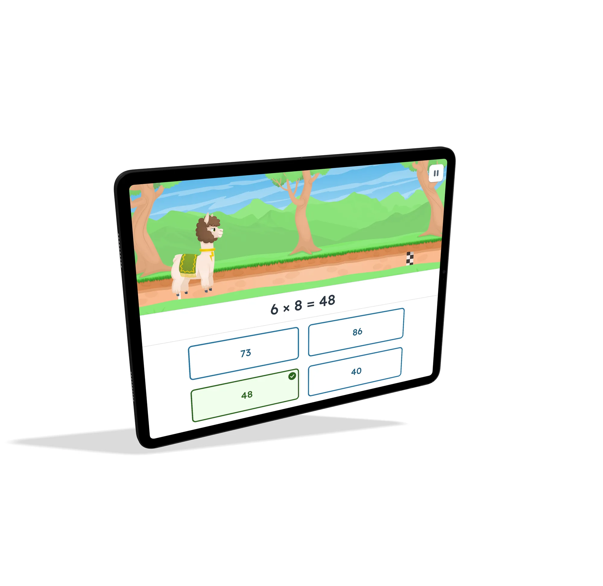 Alpaca trainer interface showing a multiplication question with four multiple choice answers on a tablet